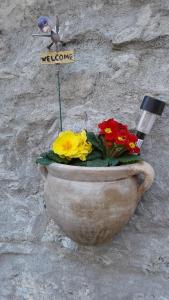 a flower pot with a bird on a wall at Casa Rustica in Magadino