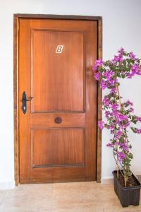 een houten deur met een partij bloemen ernaast bij B Ensuite Appartment con Zona de Patio in Arrecife