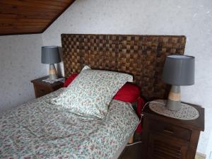 - une chambre avec un lit et deux lampes sur les tables de chevet dans l'établissement Chez Sylvie, à Sainte-Foy-lès-Lyon