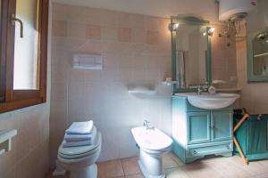 een badkamer met een wastafel, een toilet en een spiegel bij Casa Angelina-Ammentos Posada in Posada