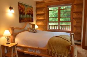 a bedroom with a bed in a log cabin at Moberly Lodge in Golden