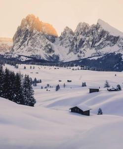 a snow covered mountain range with houses and trees at Villa Rier in Siusi