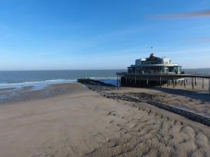 Blick auf einen Strand mit einem Pier und das Meer in der Unterkunft Hotel Riant-Séjour by WP Hotels in Blankenberge