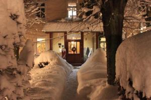 una acera cubierta de nieve frente a una casa en Landhaus Heidehof, en Dippoldiswalde