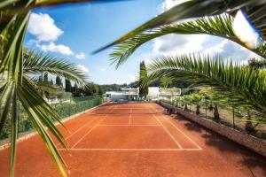 un campo da tennis con palme in primo piano di Seventeen Hotel a Valbonne