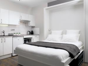 een witte slaapkamer met een groot bed en een keuken bij Appartements Le 32 in Straatsburg