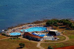 een uitzicht op een groot zwembad naast het water bij Apartments Polynesia Plava Laguna in Umag