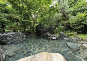 een zwembad met rotsen en bomen bij Higashiyama Park Hotel Shinfugetsu in Aizuwakamatsu