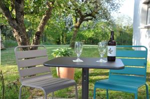 - une table et deux chaises avec une bouteille et un verre de vin dans l'établissement L'Atelier, à Sainte-Marie-du-Lac-Nuisement 