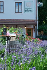 a garden with purple flowers in front of a building at Babiččina Zahrada Penzion & Restaurant in Pruhonice