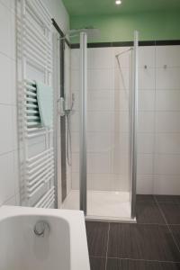 a white bathroom with a shower and a sink at Altstadt-Apartment in Freiberg