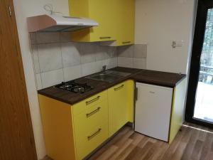 een gele keuken met een wastafel en een fornuis bij Apartments Jelka in Kranjska Gora