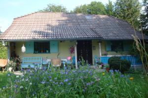 una casa con giardino di fiori viola di Blue Cottage a Podvrh