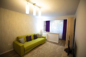 salon z zieloną kanapą i oknem w obiekcie SMP apartment 3 w mieście Timişoara