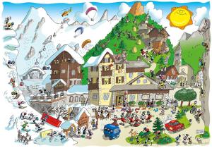 una ilustración de una ciudad de montaña con mucha gente en Hotel Dei Camosci, en Courmayeur