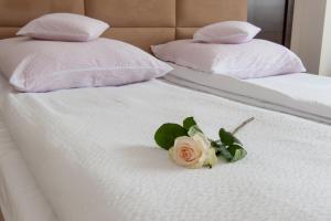 una flor en una cama con dos almohadas en Villa Diana, en Rozalin