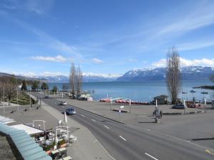 eine Straße mit Blick auf das Wasser und die Berge in der Unterkunft Hôtel du Port in Lausanne