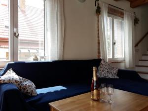 uma sala de estar com um sofá azul e uma garrafa de vinho em Apartmány Hradiště em Znojmo