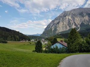 una casa al lado de una carretera con una montaña en Hotel Tauplitzerhof, en Tauplitz