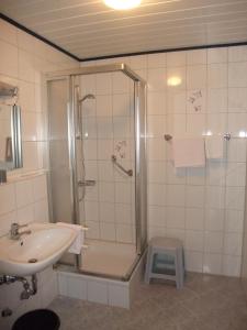 bagno con doccia e lavandino di Gasthof Alte Post a Obertrubach