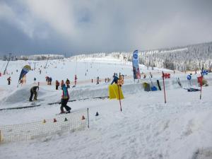 een groep mensen die skiën op een besneeuwde helling bij Ferienwohnungen Oberwiesenthal in Kurort Oberwiesenthal