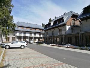 une voiture garée sur le côté d'une rue abritant des bâtiments dans l'établissement Penzion Dominik, à Železná Ruda