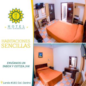 Deux photos d'une chambre d'hôtel avec un lit et d'une chambre dans l'établissement Hotel Los Girasoles, à Tepic