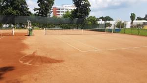 a tennis court with two tennis rackets on it at Hotel Scoica in Jupiter