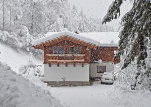 une maison recouverte de neige avec une voiture garée devant dans l'établissement Ferienwohnung Steiner, à Wald im Pinzgau