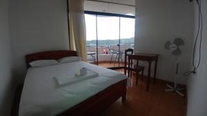 Schlafzimmer mit einem Bett, einem Tisch und einem Fenster in der Unterkunft Hotel Santorini in Jaén