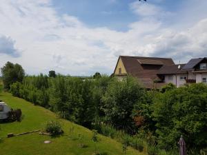 une maison et un champ avec des arbres et une maison dans l'établissement Ferienwohnung an der Unditz, à Neuried