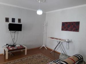 een woonkamer met een bank en een flatscreen-tv bij Apartment on Guramishvili Street 1 in Tskaltubo