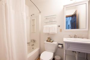 a white bathroom with a toilet and a sink at Elk Mountain Lodge in Crested Butte