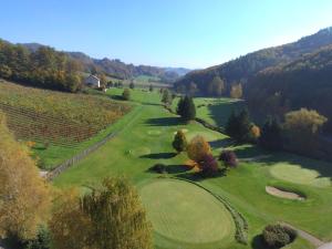 een luchtzicht op een golfbaan met een groen bij Natura Amon in Podčetrtek