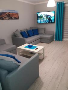 uma sala de estar com um sofá e uma mesa em Apartament FAMILY- klimatyzacja em Oświęcim