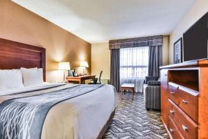 a hotel room with a bed and a desk and a window at Comfort Inn & Suites Ambassador Bridge in Windsor