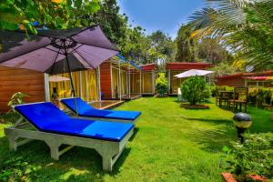 un cortile con due sedie blu e un ombrellone di Zulu Land cottages - near Curlies beach shack and shiva valley - Anjuna beach ad Anjuna