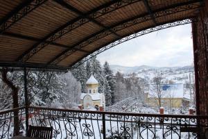 een balkon met uitzicht op een met sneeuw bedekte berg bij Zolotoie Runo in Skhidnitsa