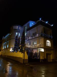 un bâtiment avec des arbres de Noël au-dessus dans l'établissement Pensiunea Leo, à Braşov