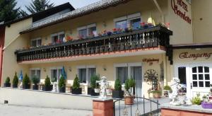 un edificio con balcone con piante in vaso di Hotel Sonnleitn a Bodenmais