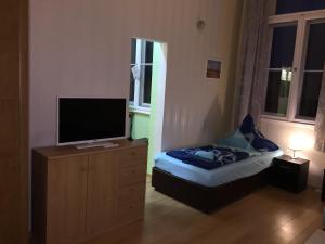 - une chambre avec une télévision sur une commode et un lit dans l'établissement Zimmerfrei-Dresden mit Bad-Miniküche Self Check In 24-7, à Dresde