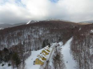 an aerial view of a ski lodge in the snow at Luxurious Trailside Village One Bedroom Condo #1 in Killington