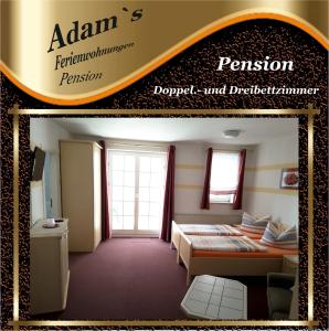 a poster of a bedroom with a bed and a television at Adams Pension und Ferienwohnungen in Mühlhausen