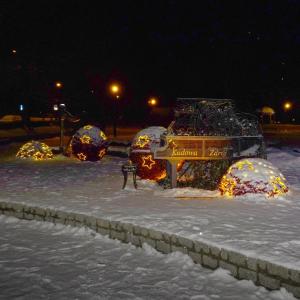 un groupe de dômes recouverts de neige la nuit dans l'établissement Willa Zuzanna, à Kudowa-Zdrój