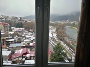 uma vista para uma cidade a partir de uma janela com neve em Apartment Erekle em Borjomi