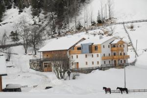 dom w śniegu z końmi przed nim w obiekcie Steinwandterhof w mieście Braies