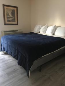 Elle comprend un grand lit avec une couverture bleue et des oreillers blancs. dans l'établissement All Suites Inn Budget Host, à Lewisburg