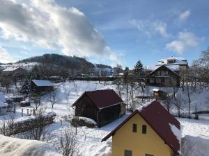 een met sneeuw bedekt dorp met huizen en gebouwen bij Ubytování U Valašských ponožek in Hovězí