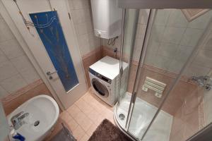 a bathroom with a shower and a toilet and a microwave at Apartment Maya in Kranjska Gora