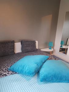 1 dormitorio con 2 almohadas azules en B&B 1 uit de 100, en Gante